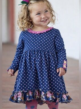 Matilda Jane story time NAVY Blue Dress with Pink Polka Accents - girl’s 12m